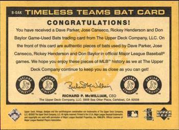 2002 Upper Deck Vintage - Timeless Teams Game Bat Quads #B-OAK Dave Parker / Jose Canseco / Rickey Henderson / Don Baylor Back