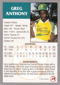 1991 Front Row Draft Picks #19 Greg Anthony Back