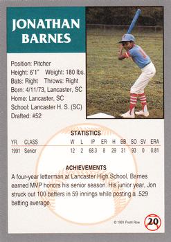 1991 Front Row Draft Picks #20 Jon Barnes Back