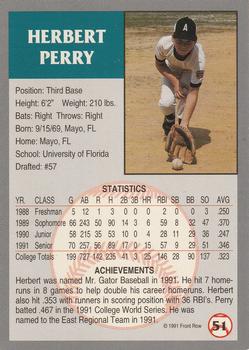 1991 Front Row Draft Picks #51 Herb Perry Back