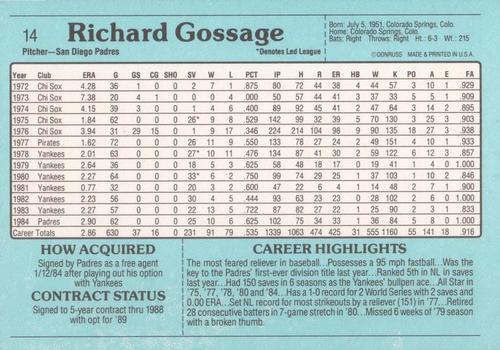 1985 Donruss Action All-Stars #14 Rich Gossage Back