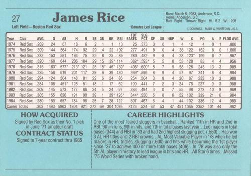1985 Donruss Action All-Stars #27 Jim Rice Back