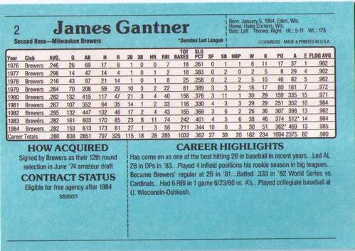 1985 Donruss Action All-Stars #2 Jim Gantner Back
