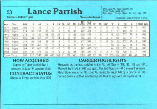 1985 Donruss Action All-Stars #53 Lance Parrish Back