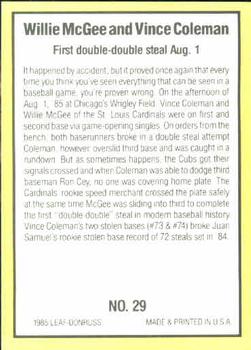 1985 Donruss Highlights #29 Willie McGee / Vince Coleman Back