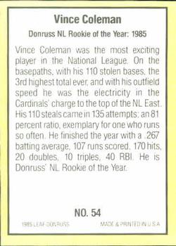 1985 Donruss Highlights #54 Vince Coleman Back