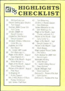 1985 Donruss Highlights #NNO Checklist Back