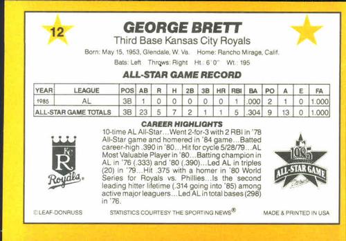 1986 Donruss All-Stars #12 George Brett Back