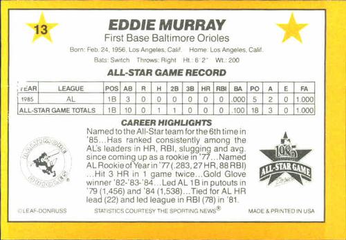 1986 Donruss All-Stars #13 Eddie Murray Back