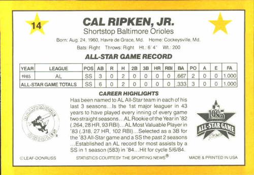 1986 Donruss All-Stars #14 Cal Ripken Jr. Back