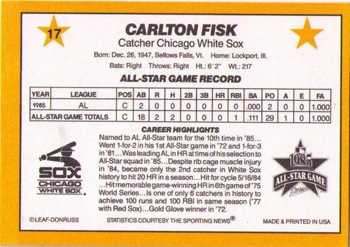 1986 Donruss All-Stars #17 Carlton Fisk Back