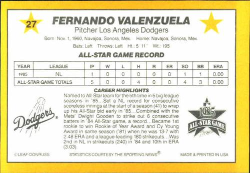 1986 Donruss All-Stars #27 Fernando Valenzuela Back