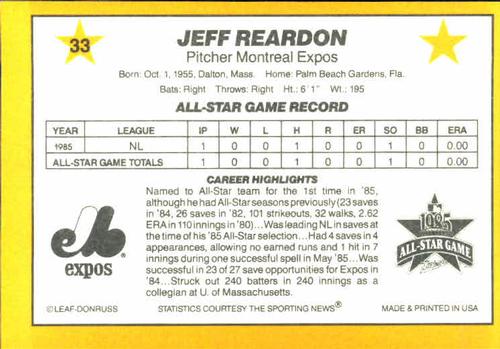 1986 Donruss All-Stars #33 Jeff Reardon Back