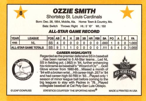 1986 Donruss All-Stars #8 Ozzie Smith Back