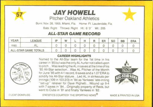 1986 Donruss All-Stars #57 Jay Howell Back
