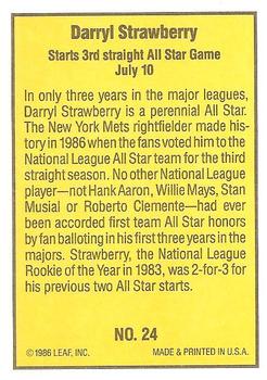 1986 Donruss Highlights #24 Darryl Strawberry Back