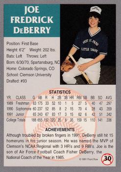 1991 Front Row Draft Picks - Gold #30 Joe DeBerry Back