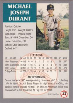 1991 Front Row Draft Picks - Silver #17 Mike Durant Back