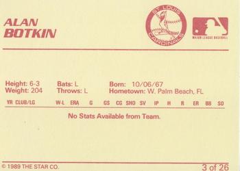 1989 Star Johnson City Cardinals - Platinum #3 Alan Botkin Back