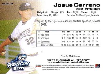 2011 Choice West Michigan Whitecaps #02 Josue Carreno Back