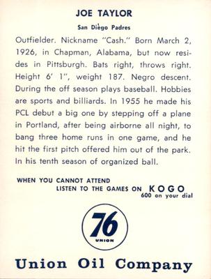 1961 Union Oil San Diego Padres #NNO Joe Taylor Back