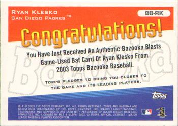 2003 Bazooka - Blasts Relics #BB-RK Ryan Klesko Back
