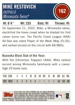 2003 Bazooka - Silver #162 Michael Restovich Back