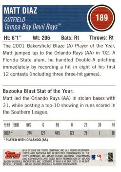 2003 Bazooka - Silver #189 Matt Diaz Back