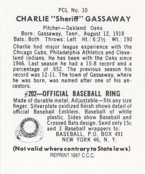 1987 Card Collectors 1949 Bowman PCL Reprint #10 Charlie Gassaway Back
