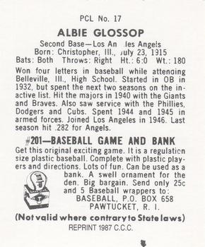 1987 Card Collectors 1949 Bowman PCL Reprint #17 Albie Glossop Back