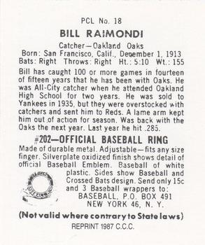 1987 Card Collectors 1949 Bowman PCL Reprint #18 Billy Raimondi Back