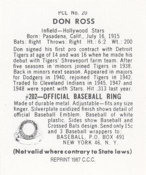 1987 Card Collectors 1949 Bowman PCL Reprint #20 Don Ross Back