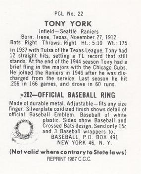 1987 Card Collectors 1949 Bowman PCL Reprint #22 Tony York Back