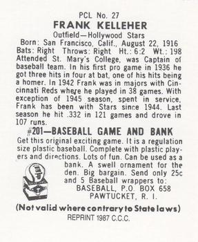 1987 Card Collectors 1949 Bowman PCL Reprint #27 Frankie Kelleher Back