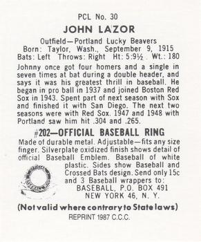 1987 Card Collectors 1949 Bowman PCL Reprint #30 John Lazor Back
