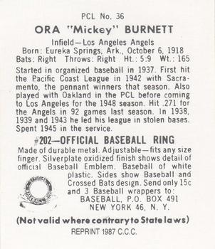 1987 Card Collectors 1949 Bowman PCL Reprint #36 Mickey Burnett Back