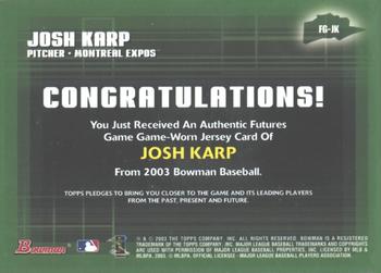 2003 Bowman - Futures Game Jerseys #FG-JK Josh Karp Back