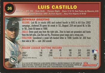 2003 Bowman - Gold #36 Luis Castillo Back