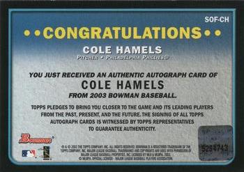 2003 Bowman - Signs of the Future #SOF-CH Cole Hamels Back