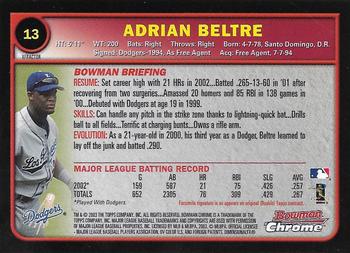 2003 Bowman Chrome - X-Fractors #13 Adrian Beltre Back