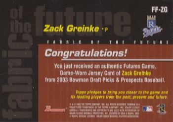 2003 Bowman Draft Picks & Prospects - Fabric of the Future Jersey Relics #FF-ZG Zack Greinke Back