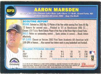 2003 Bowman Draft Picks & Prospects - Gold #BDP58 Aaron Marsden Back