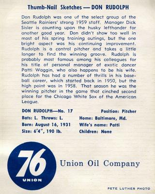 1960 Union Oil Seattle Rainiers #17 Don Rudolph Back