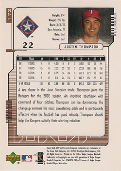 2000 Upper Deck MVP #172 Justin Thompson Back