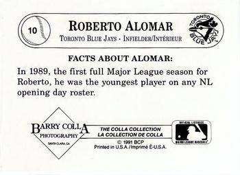 1991 The Colla Collection / La Collection de Colla Roberto Alomar #10 Roberto Alomar Back