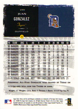 2000 Upper Deck Victory #290 Juan Gonzalez Back