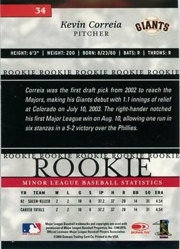 2003 Donruss/Leaf/Playoff (DLP) Rookies & Traded - 2003 Donruss Elite Extra Edition #34 Kevin Correia Back