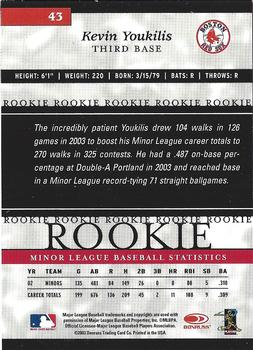 2003 Donruss/Leaf/Playoff (DLP) Rookies & Traded - 2003 Donruss Elite Extra Edition #43 Kevin Youkilis Back