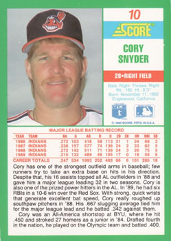1990 Score #10 Cory Snyder Back