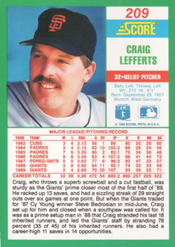 1990 Score #209 Craig Lefferts Back